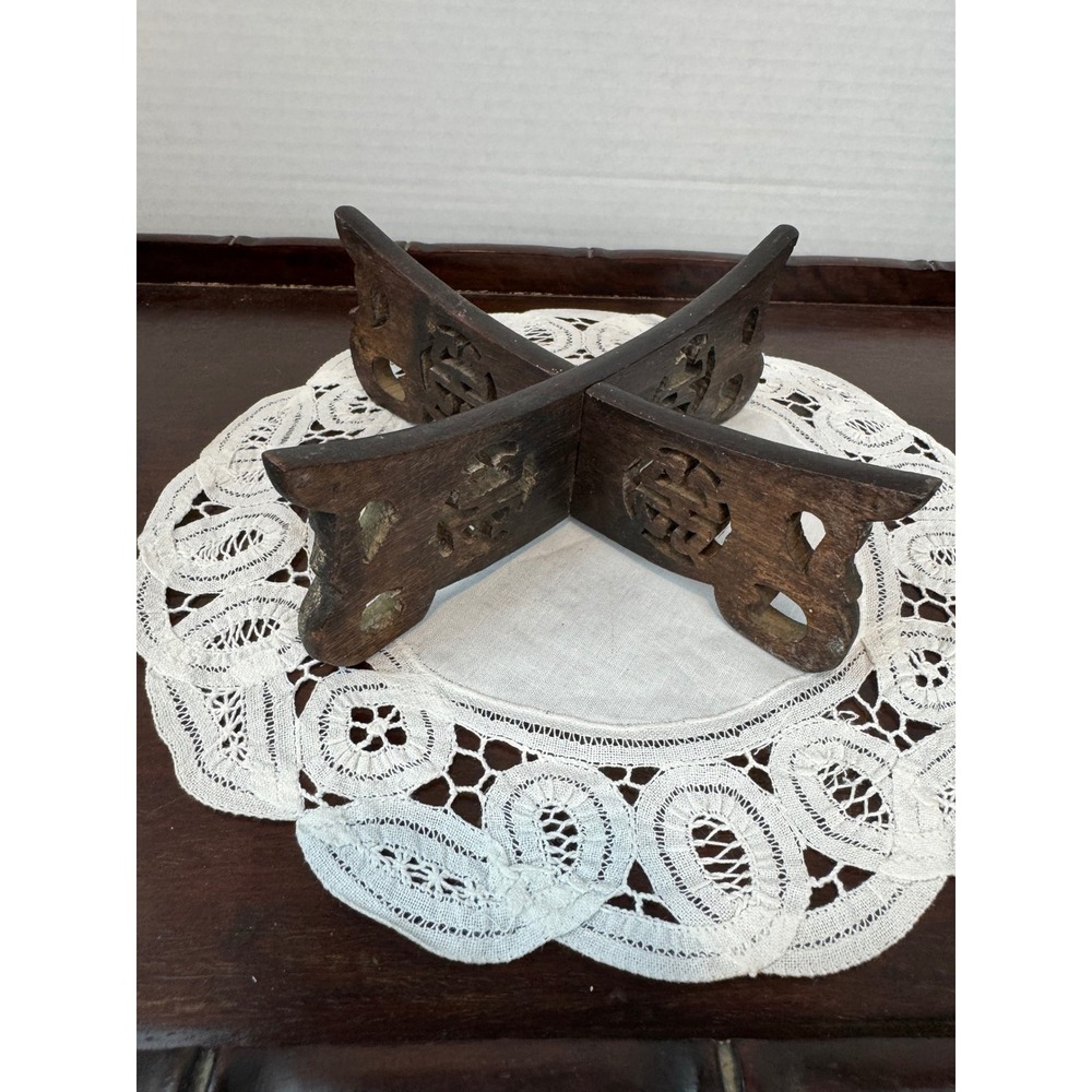 Vintage Hand Carved Wood Bowl Stand Asian Interlocking Fretwork Display Base
